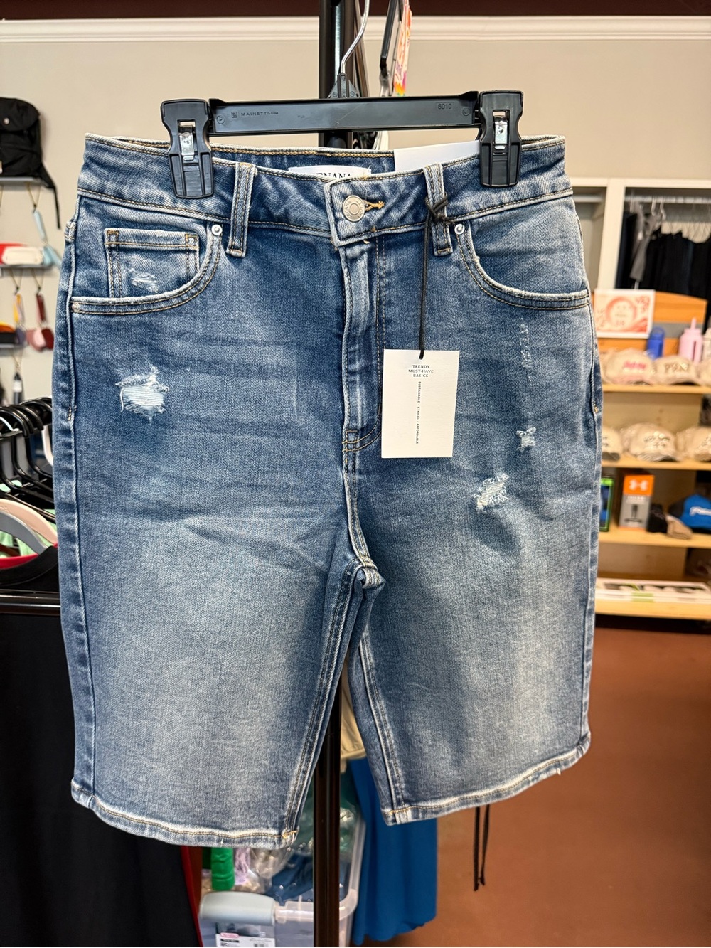 Zenana Outfitters Women's Washed Blue Distressed Denim Bermudas